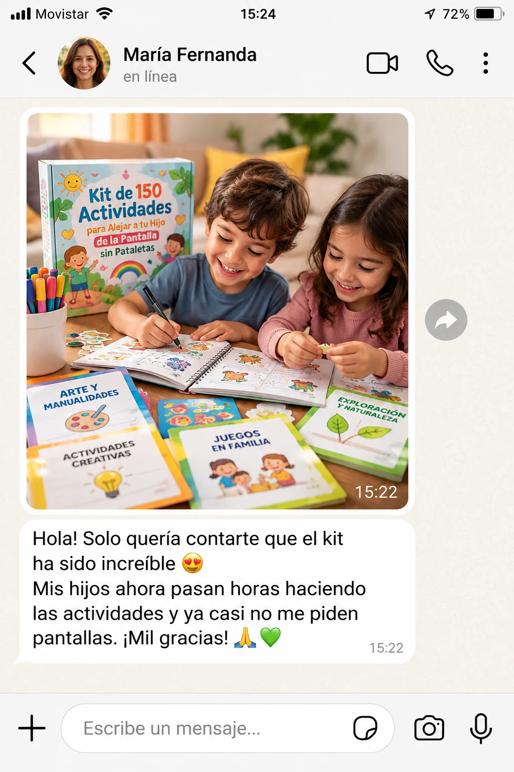 Testimonio de WhatsApp de María Fernanda: sus hijos pasan horas haciendo las actividades y ya casi no piden pantallas