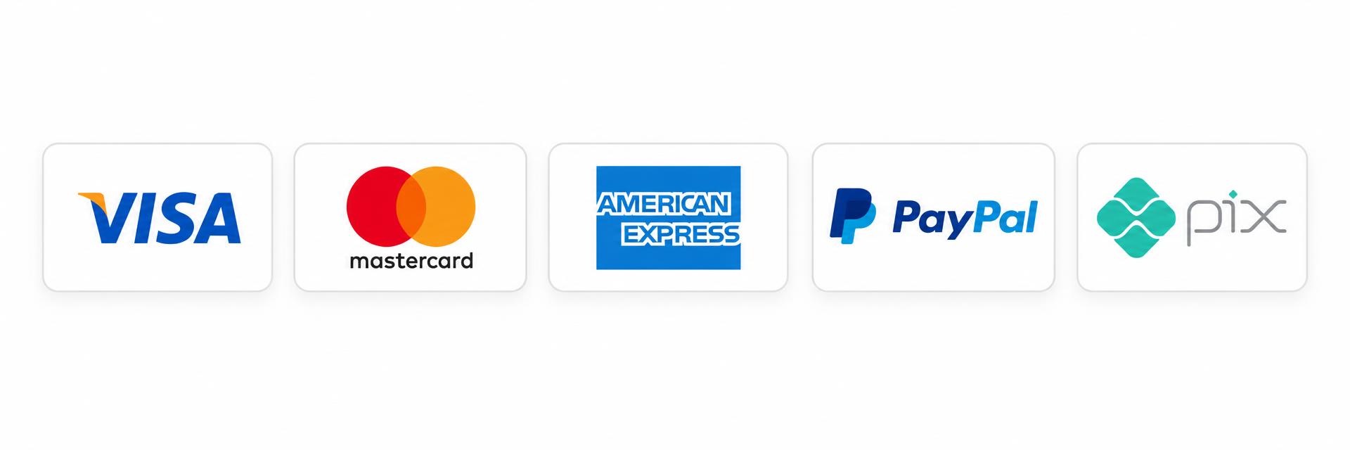 Métodos de pago disponibles: Visa, Mastercard, American Express, PayPal y Pix