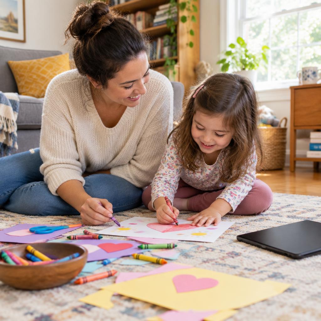 Madre e hijo haciendo una manualidad en la sala mientras la tablet queda de lado